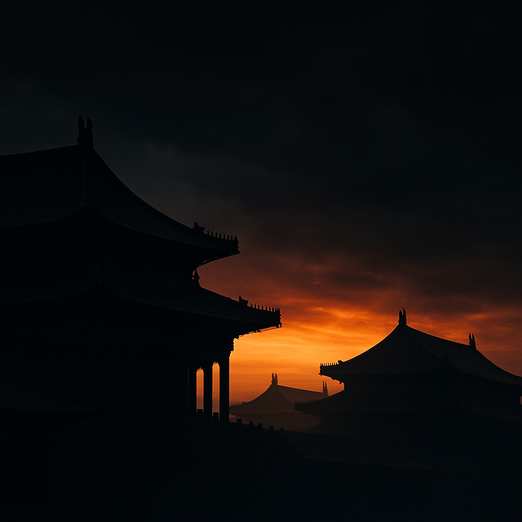 Sunset silhouette of Chinese palace rooftops